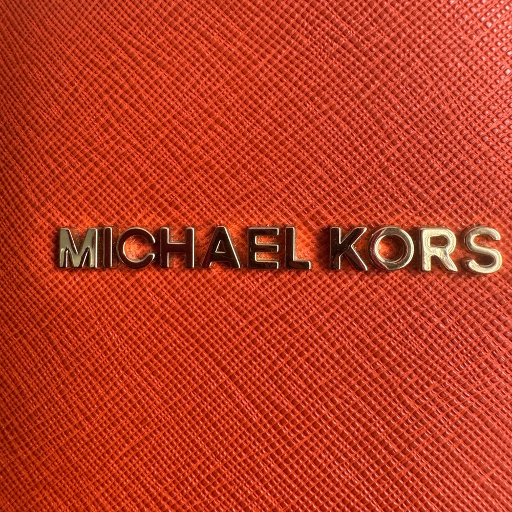 Michael Kors Orange Textured Tote Bag Gold Logo Charm Designer Shoulder - Picture 16 of 16